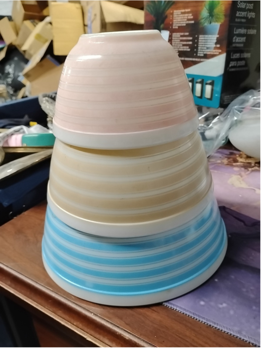 1960’s Pyrex Rainbow Stripe 3 Nesting Mixing Bowl Set Pink 401 Tan 402 Blue 403